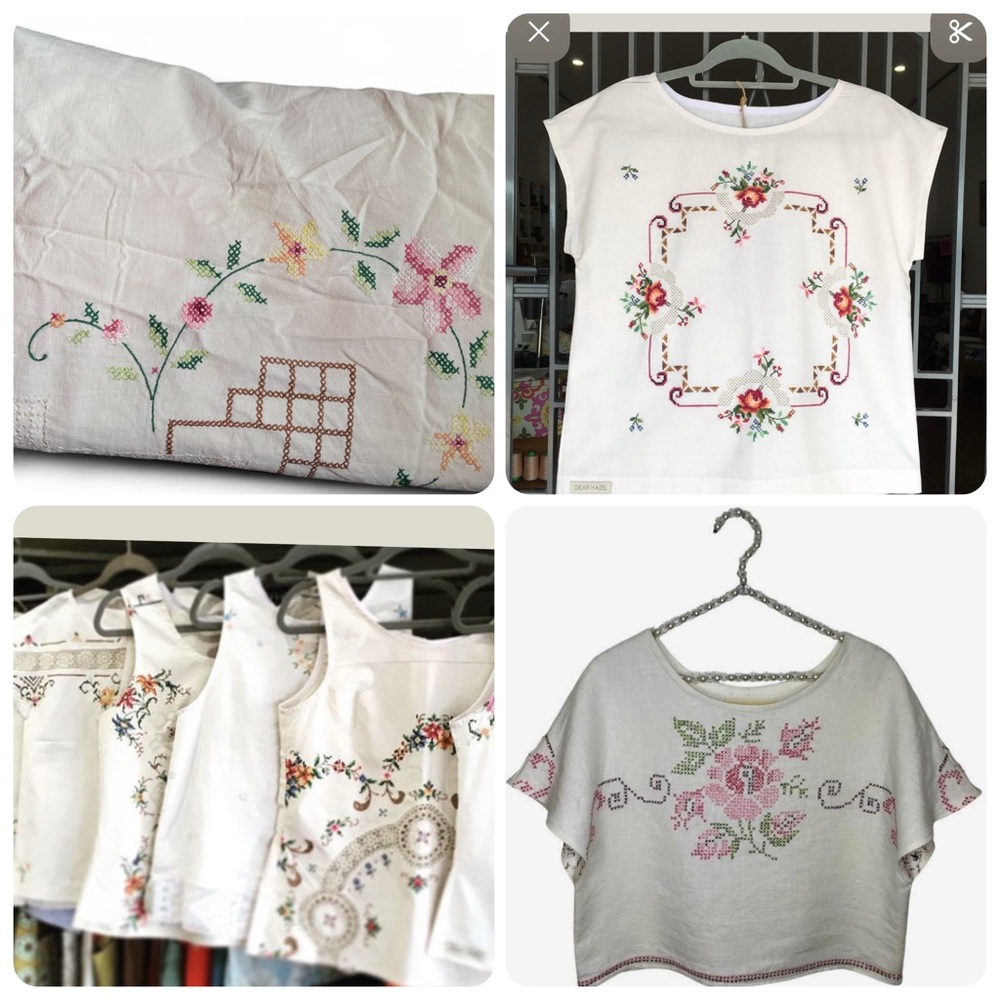 Vintage Tablecloth Hand Embroidered Floral CrossStitch  50” Sewing Upcycle craft - Picture 2 of 14